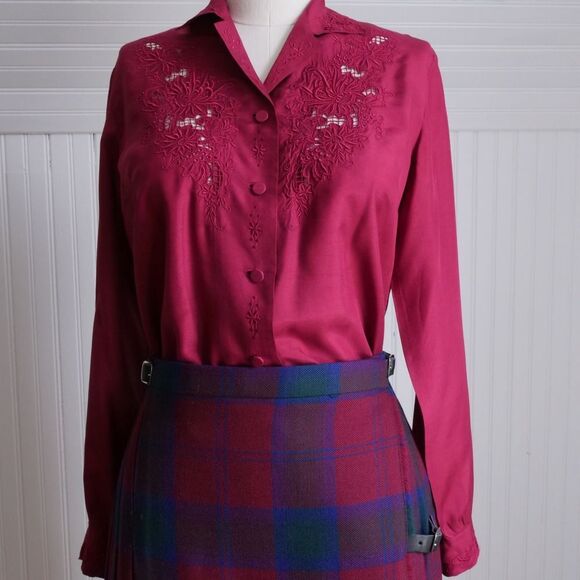 70s Burgundy Floral Embroidered Silk Blouse - Picture 6 of 6